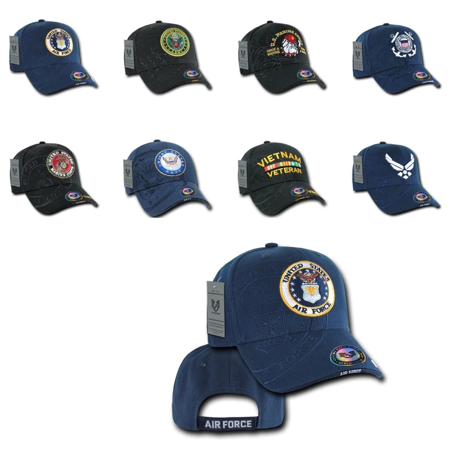 1 Dozen Shadow Embroidery US Military Vet Army Air Force Navy Marines Hats Caps