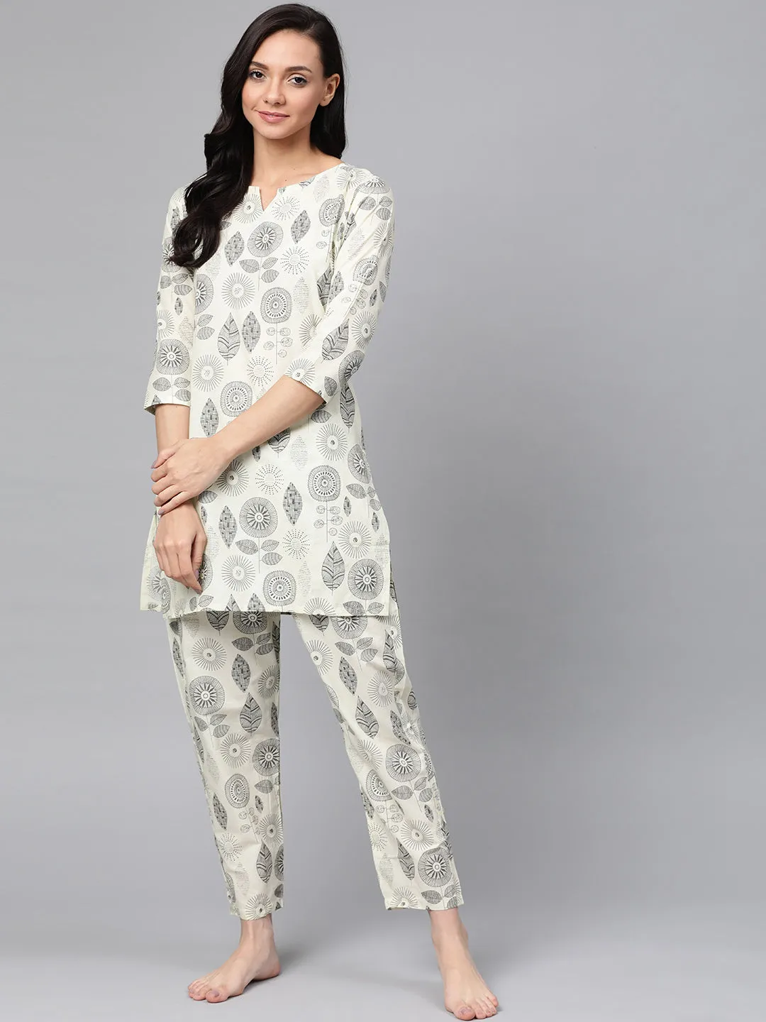 Anubhutee Women Off-White  Charcoal Grey Pure Cotton Printed Night suit