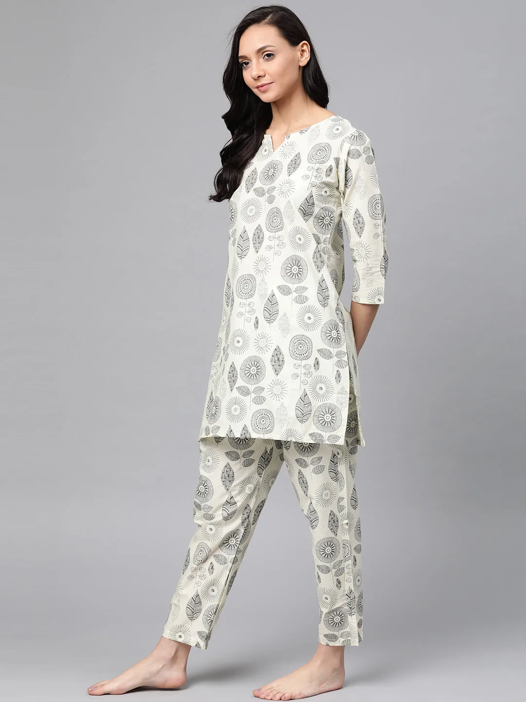 Anubhutee Women Off-White  Charcoal Grey Pure Cotton Printed Night suit