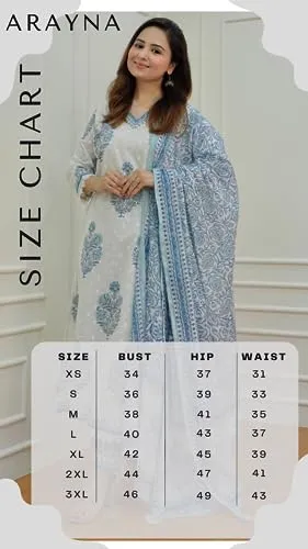 Arayna Women's Cotton Printed Floral Straight Kurta with Palazzo Pants and Printed Dupatta Set, Light Blue, X-Large