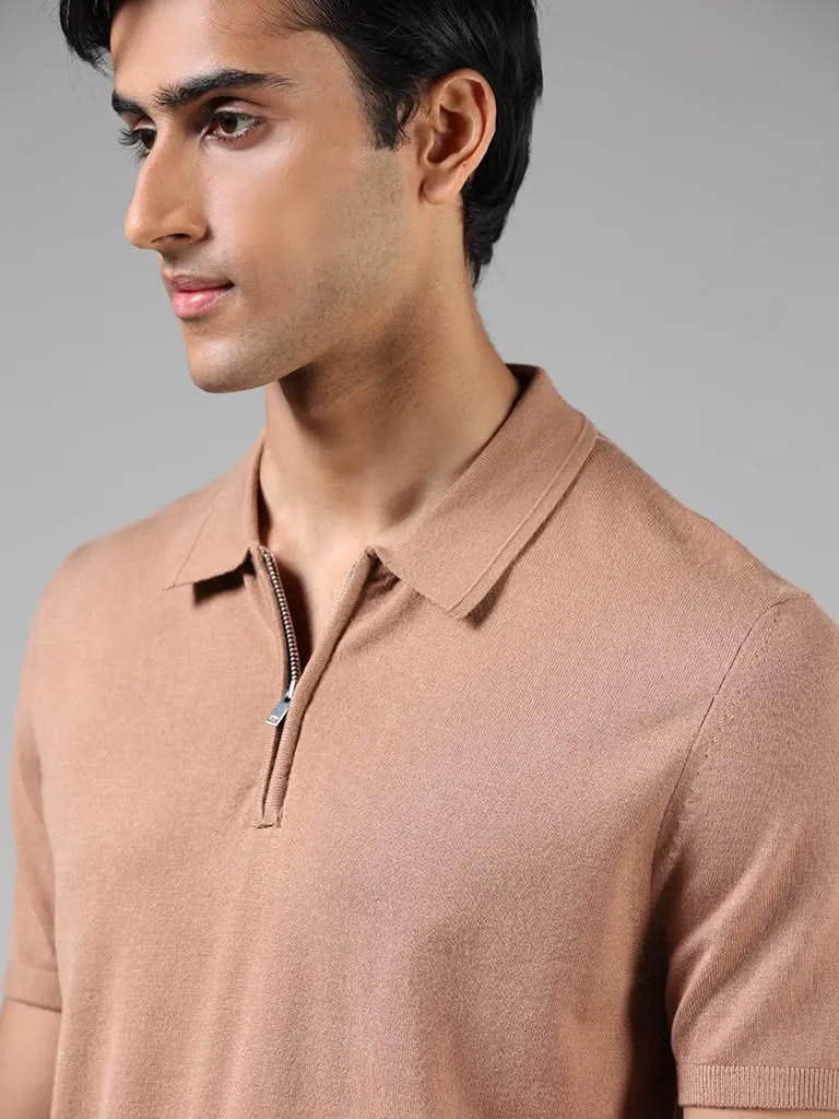 Ascot Brown Relaxed-Fit Polo Zipper T-Shirt