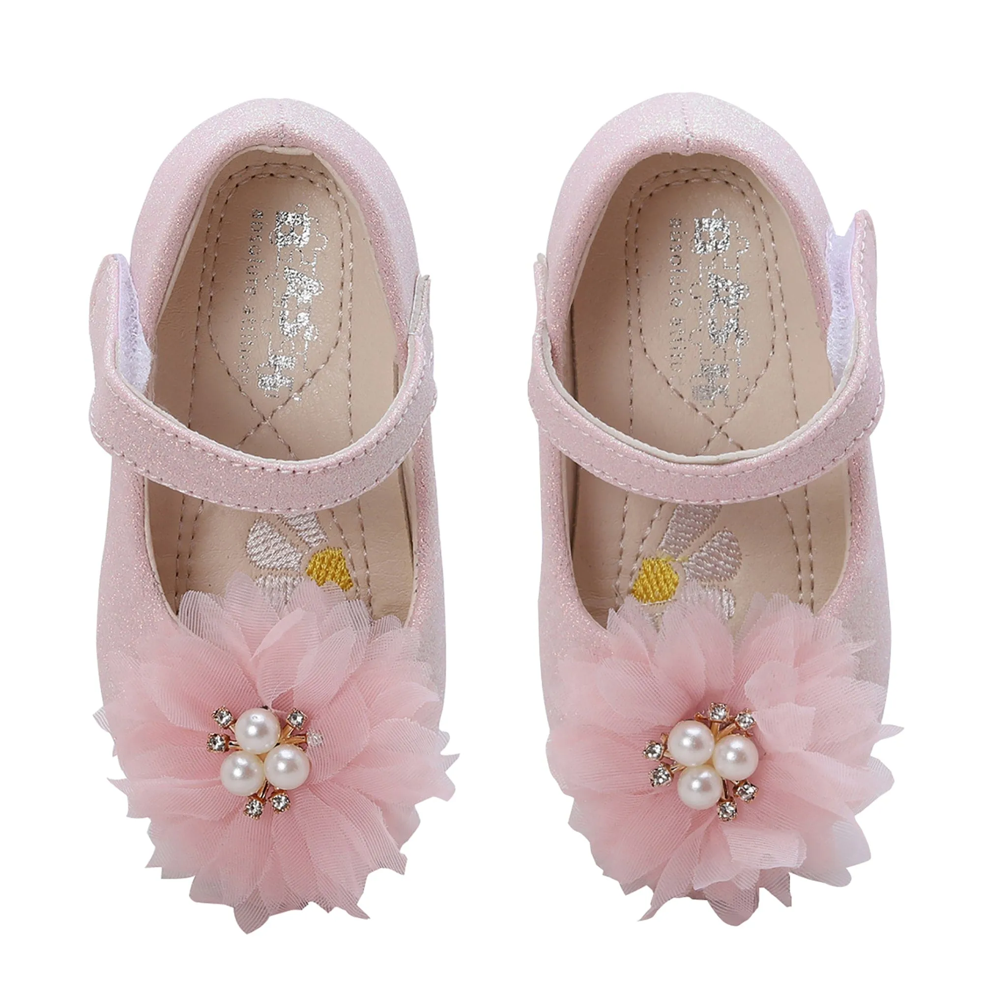 Baby Moo Glittery Pearl Embellished Floral Applique Mary Jane Velcro Strap Anti-Skid Ballerina Shoes - Pink