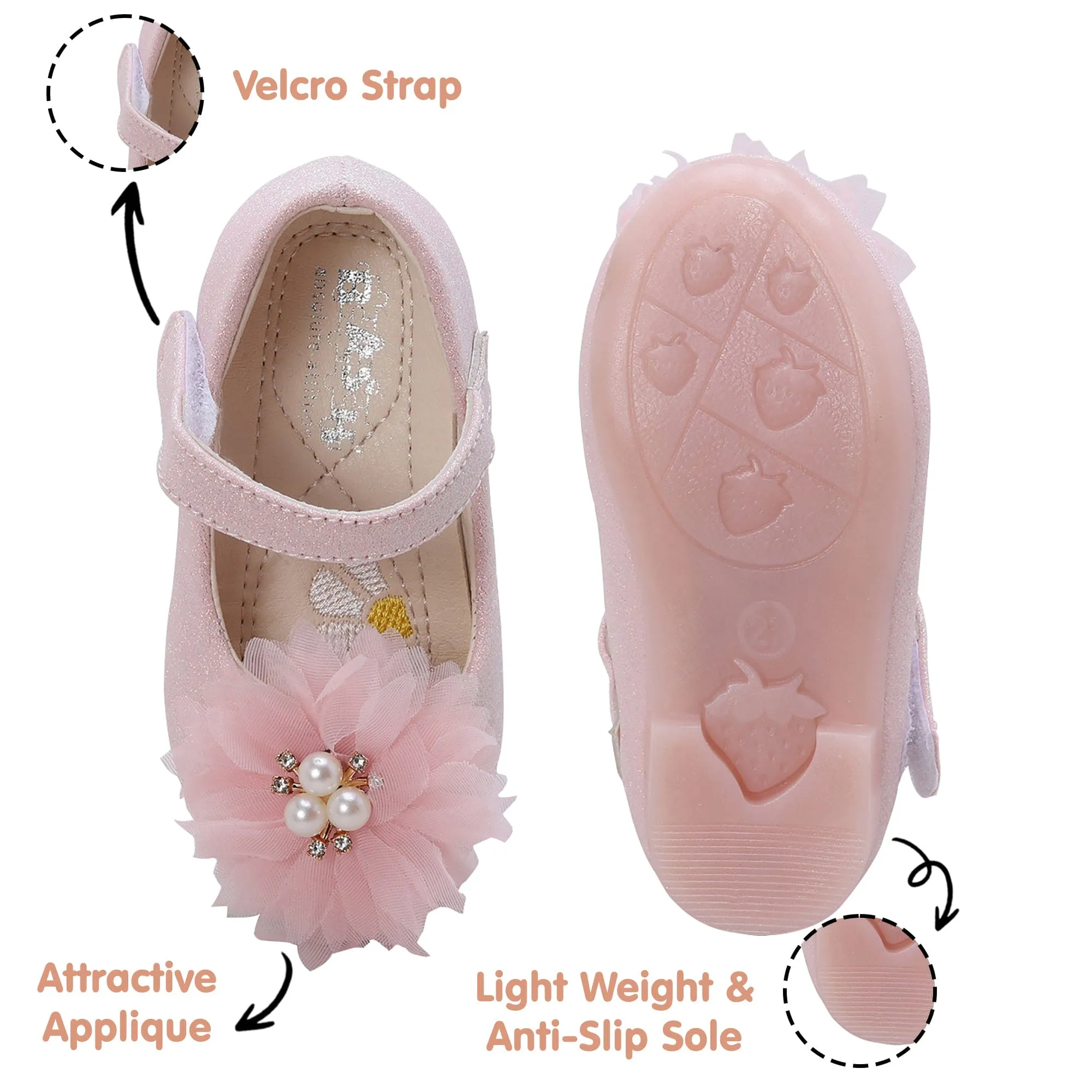 Baby Moo Glittery Pearl Embellished Floral Applique Mary Jane Velcro Strap Anti-Skid Ballerina Shoes - Pink