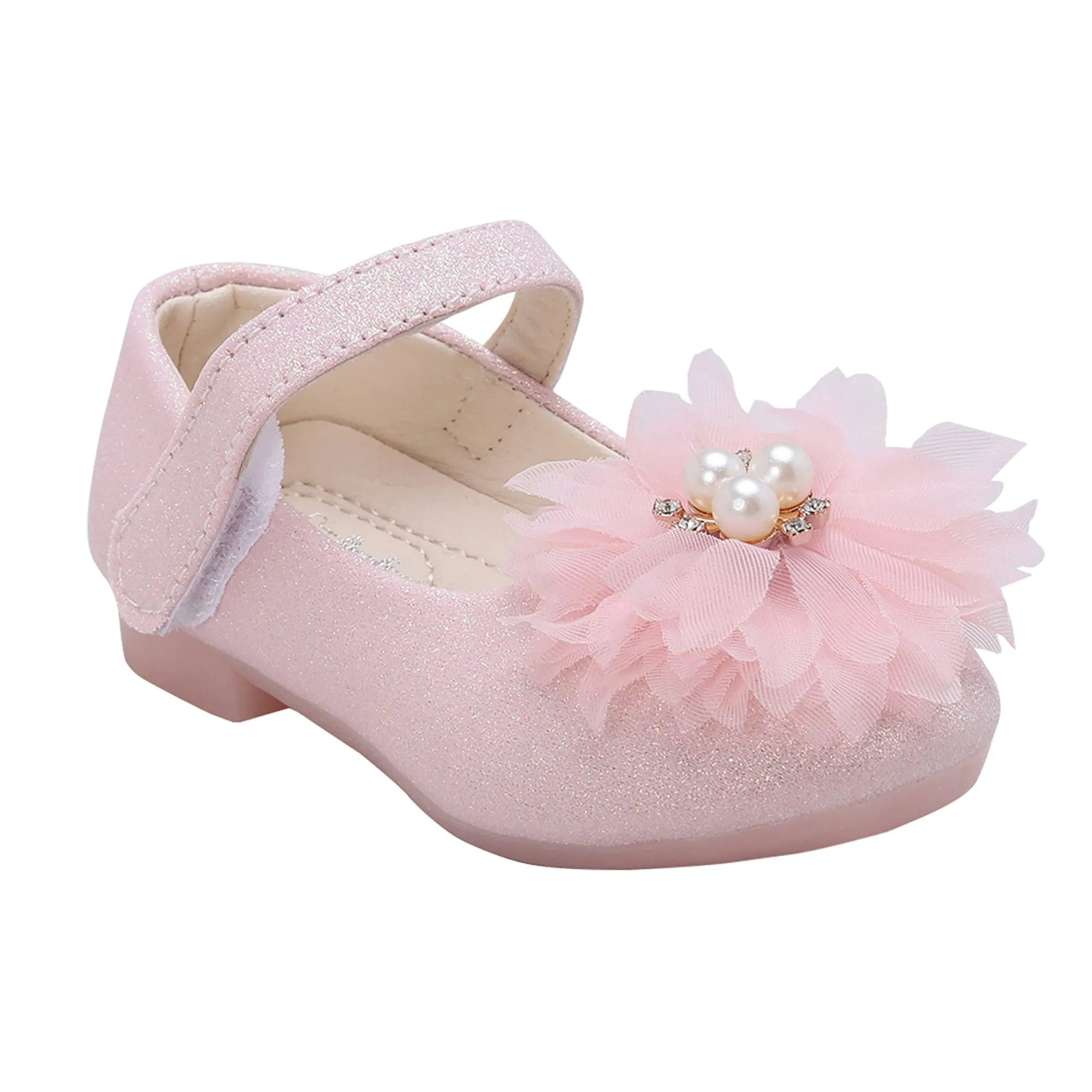 Baby Moo Glittery Pearl Embellished Floral Applique Mary Jane Velcro Strap Anti-Skid Ballerina Shoes - Pink