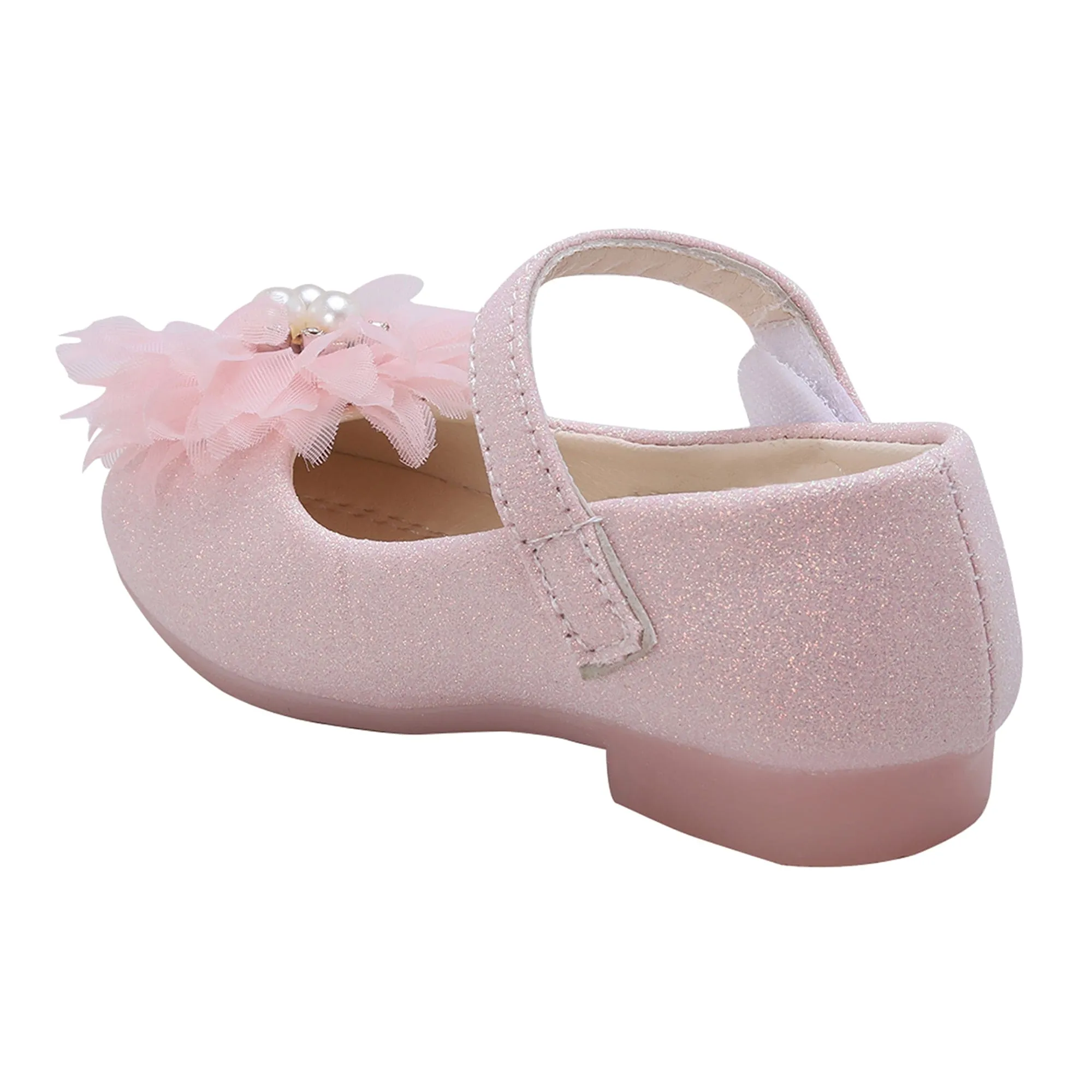 Baby Moo Glittery Pearl Embellished Floral Applique Mary Jane Velcro Strap Anti-Skid Ballerina Shoes - Pink