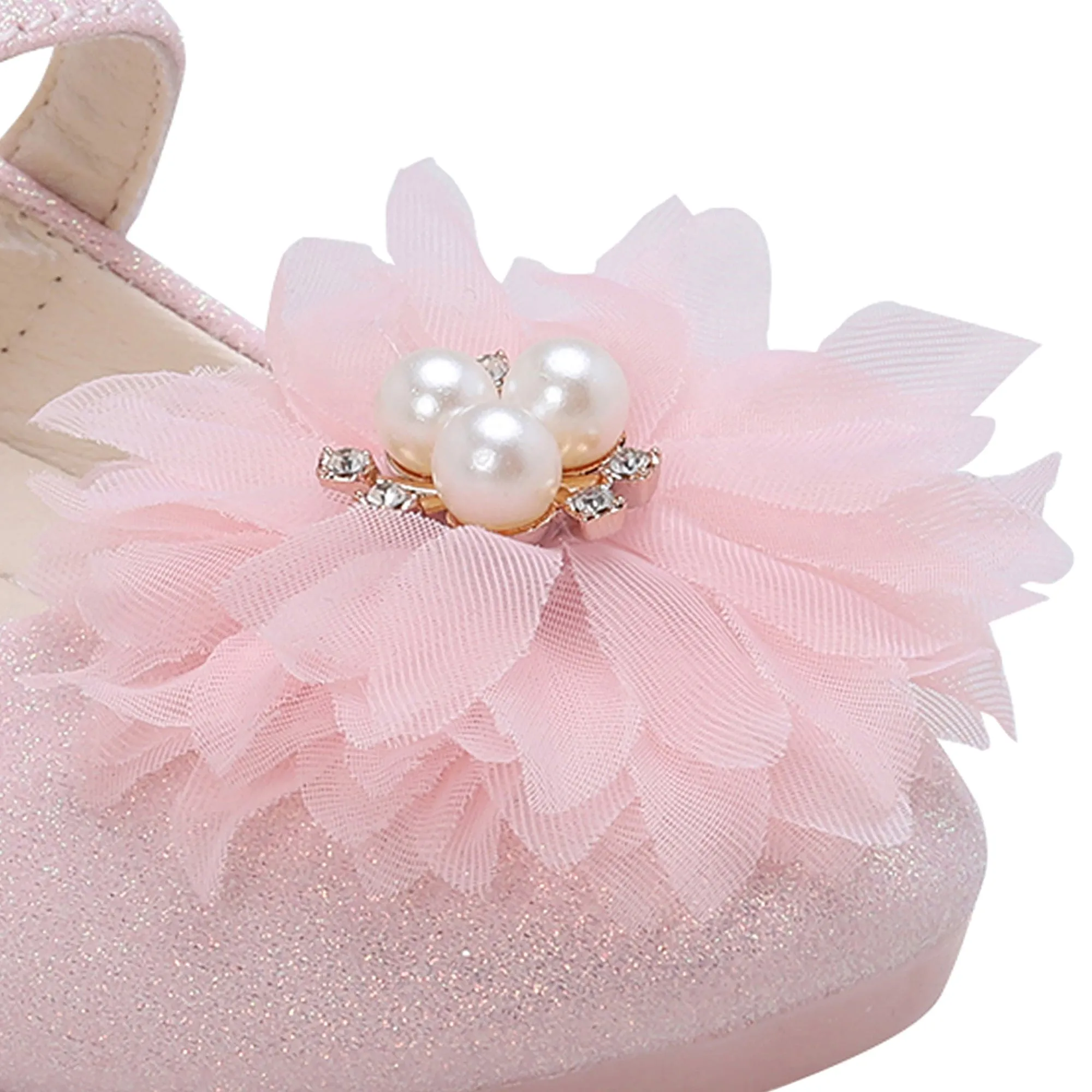 Baby Moo Glittery Pearl Embellished Floral Applique Mary Jane Velcro Strap Anti-Skid Ballerina Shoes - Pink