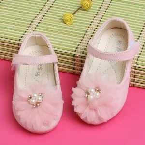 Baby Moo Glittery Pearl Embellished Floral Applique Mary Jane Velcro Strap Anti-Skid Ballerina Shoes - Pink