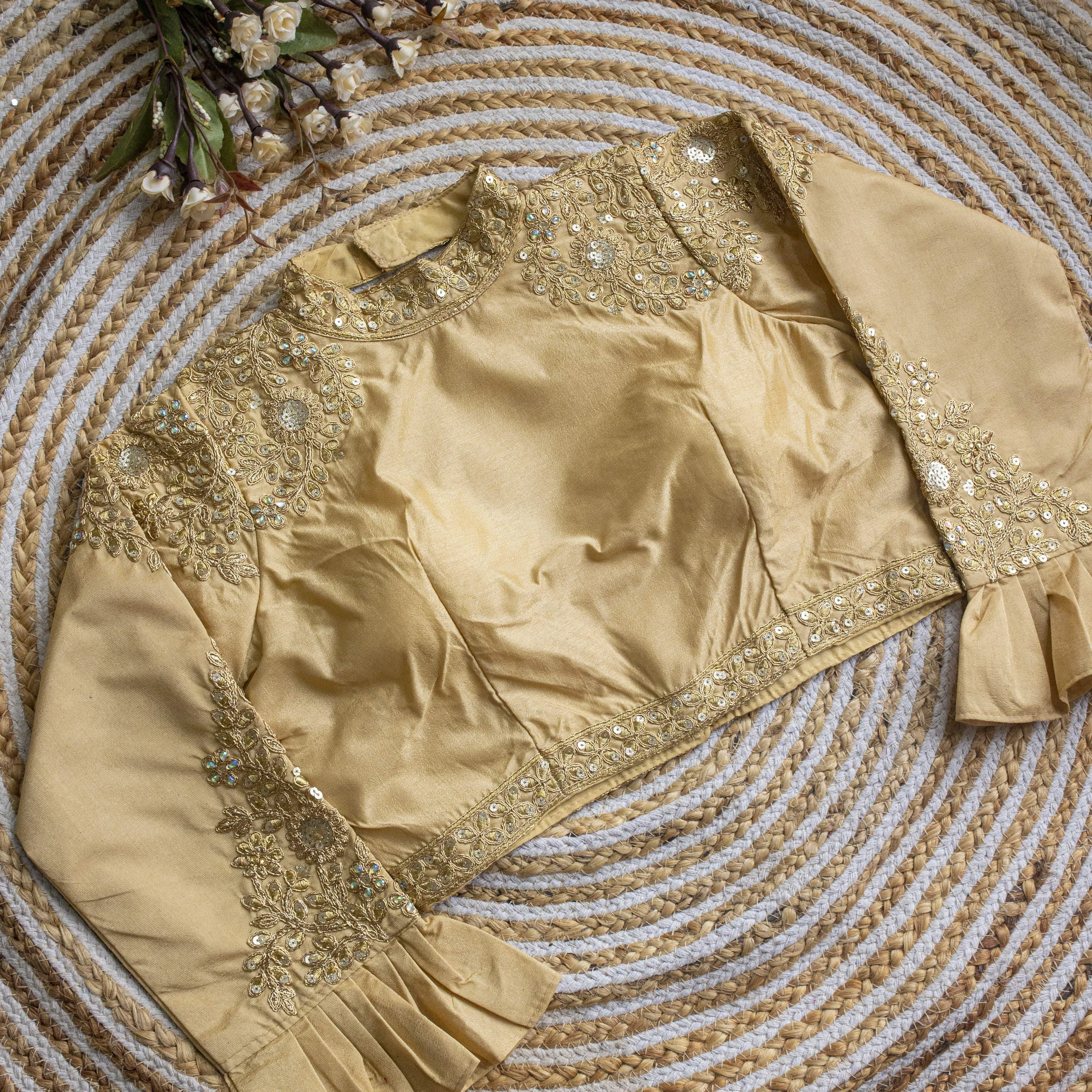 Beige Color Golden Sequence Embroidered Blouse in glossy silk