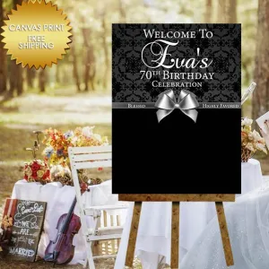 Black and silver birthday welcome canvas sign with silver ribbon