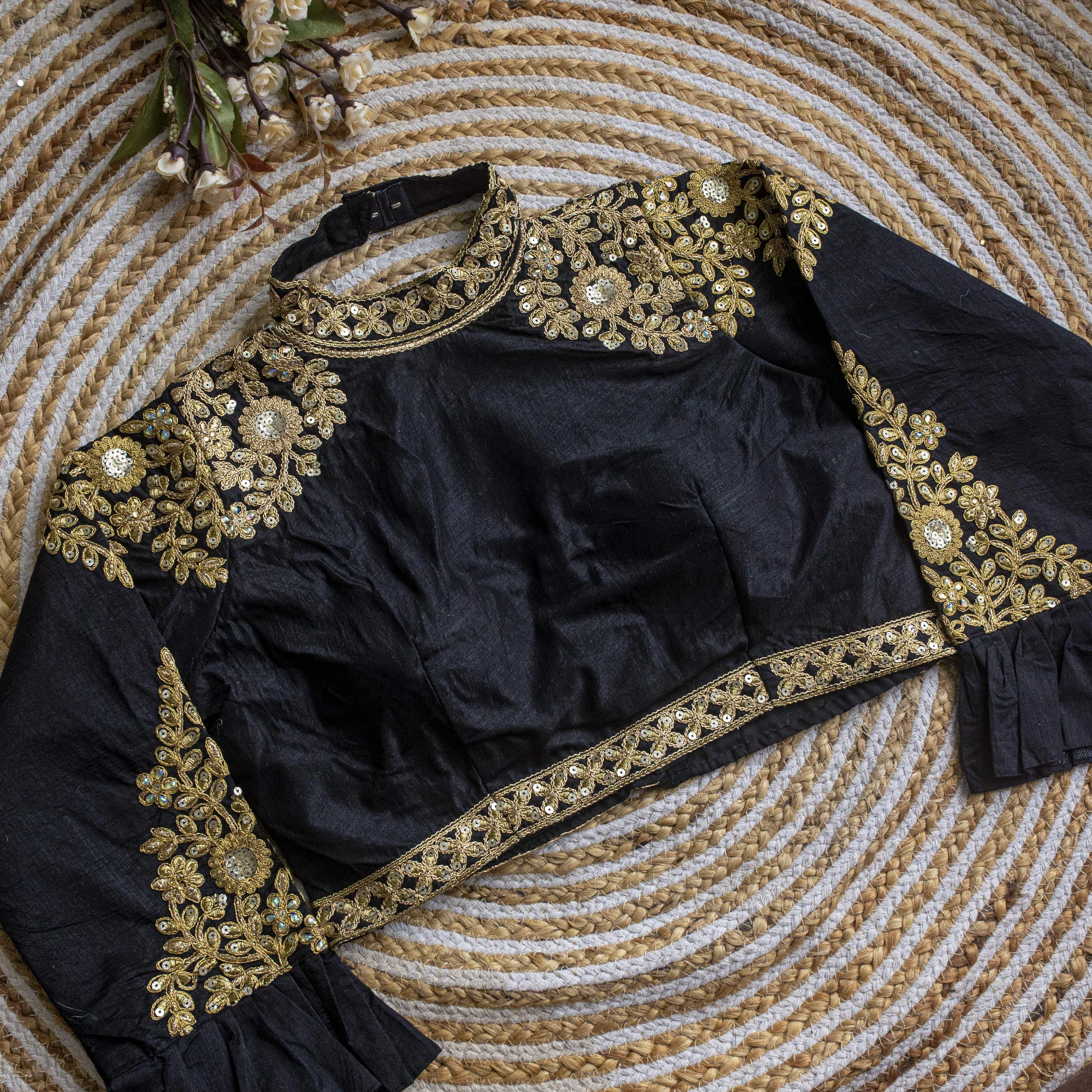 Black Golden Sequence Embroidered Blouse in glossy silk