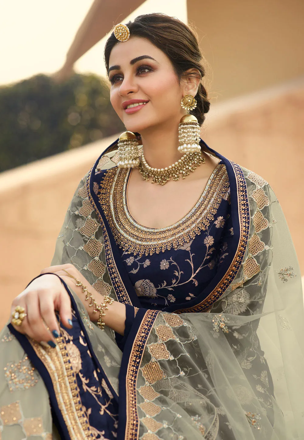 Blue And Grey Embroidered Gharara Style Suit