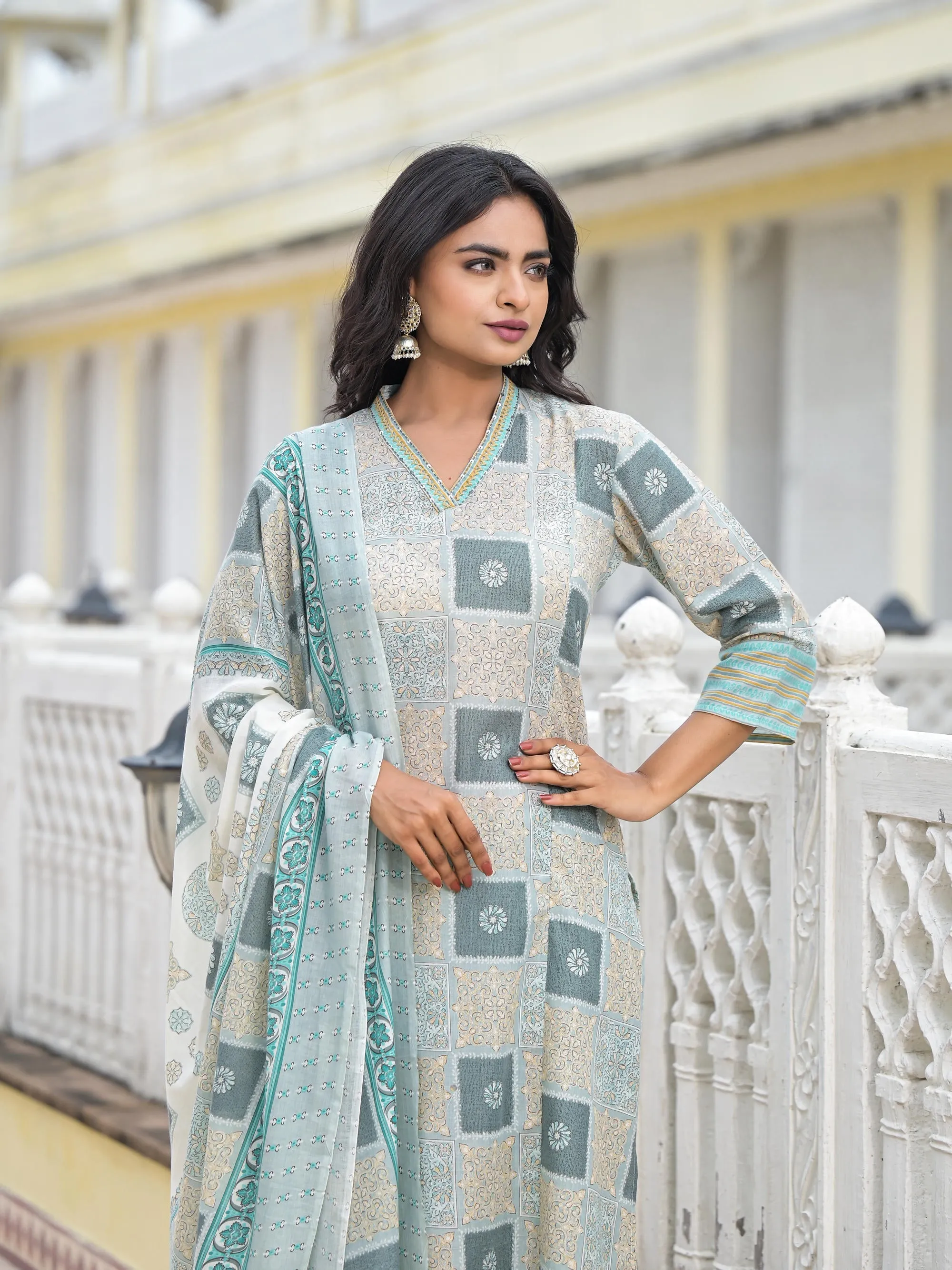 Blue Floral Printed Cotton Kurta Pant With Dupatta Set With Thread Work & Sequins