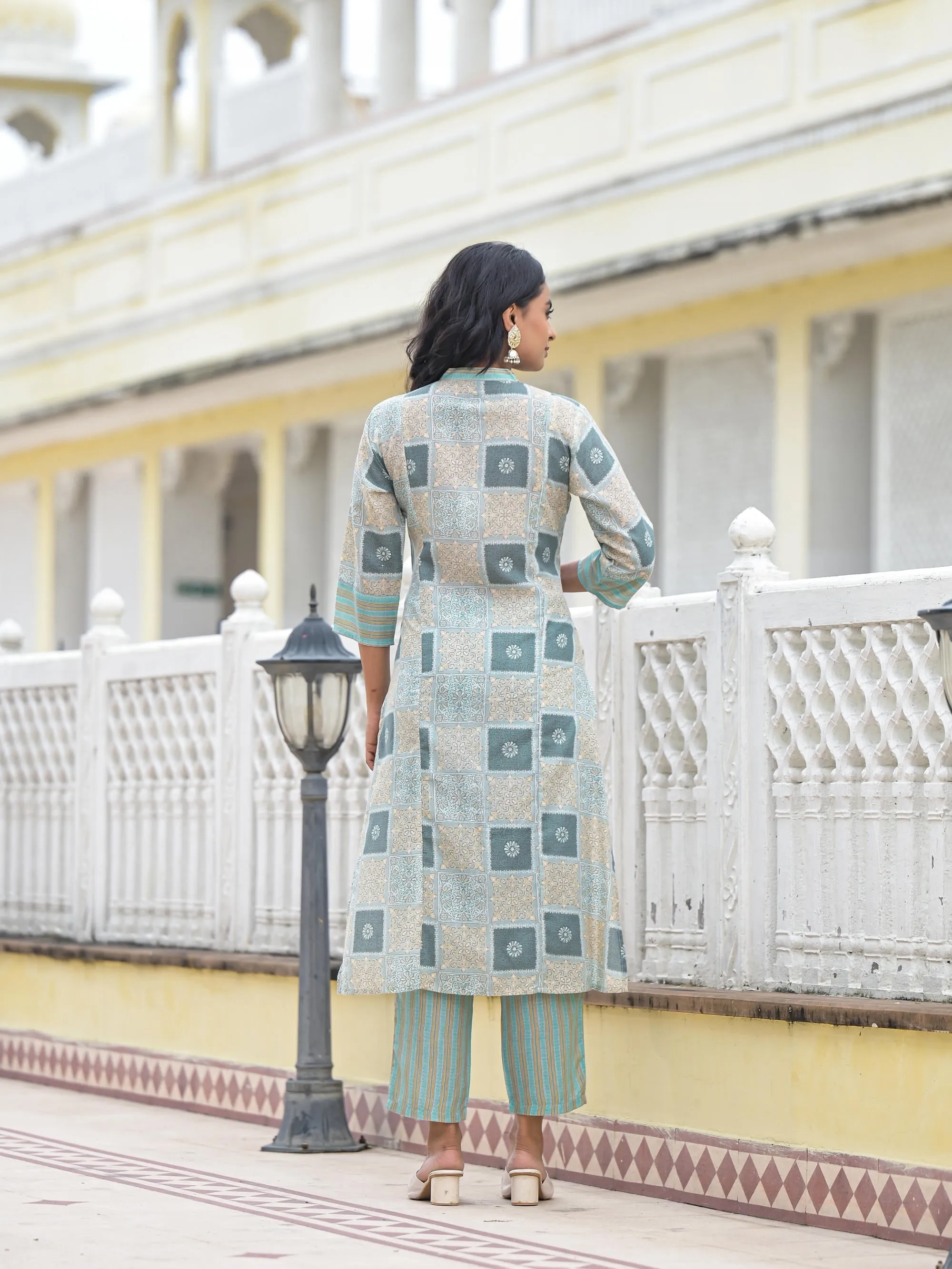 Blue Floral Printed Cotton Kurta Pant With Dupatta Set With Thread Work & Sequins