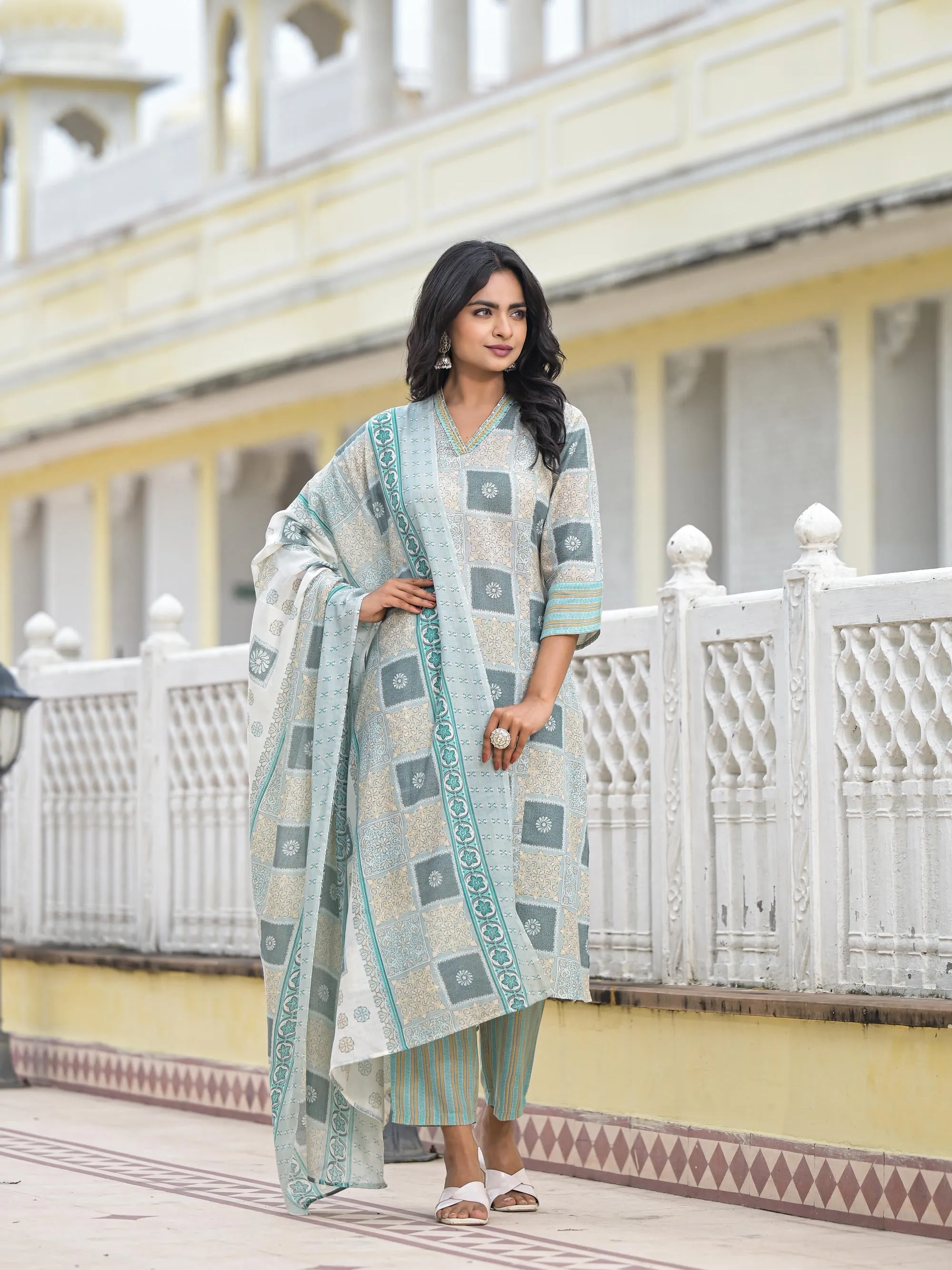 Blue Floral Printed Cotton Kurta Pant With Dupatta Set With Thread Work & Sequins