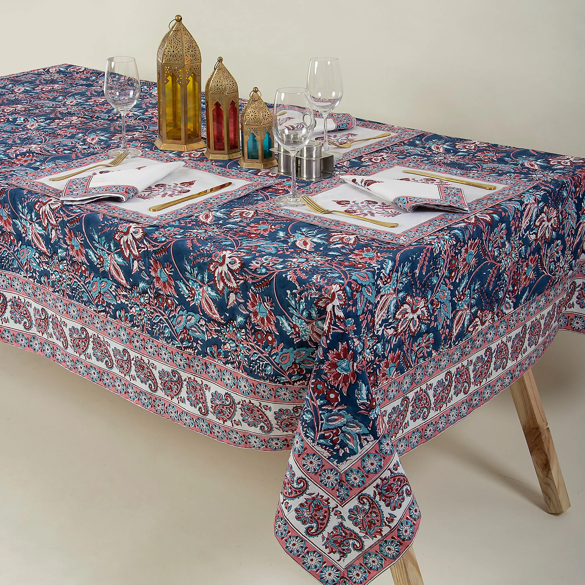 Blue Hand Block Floral Print Pure Cotton Dining Table Cover