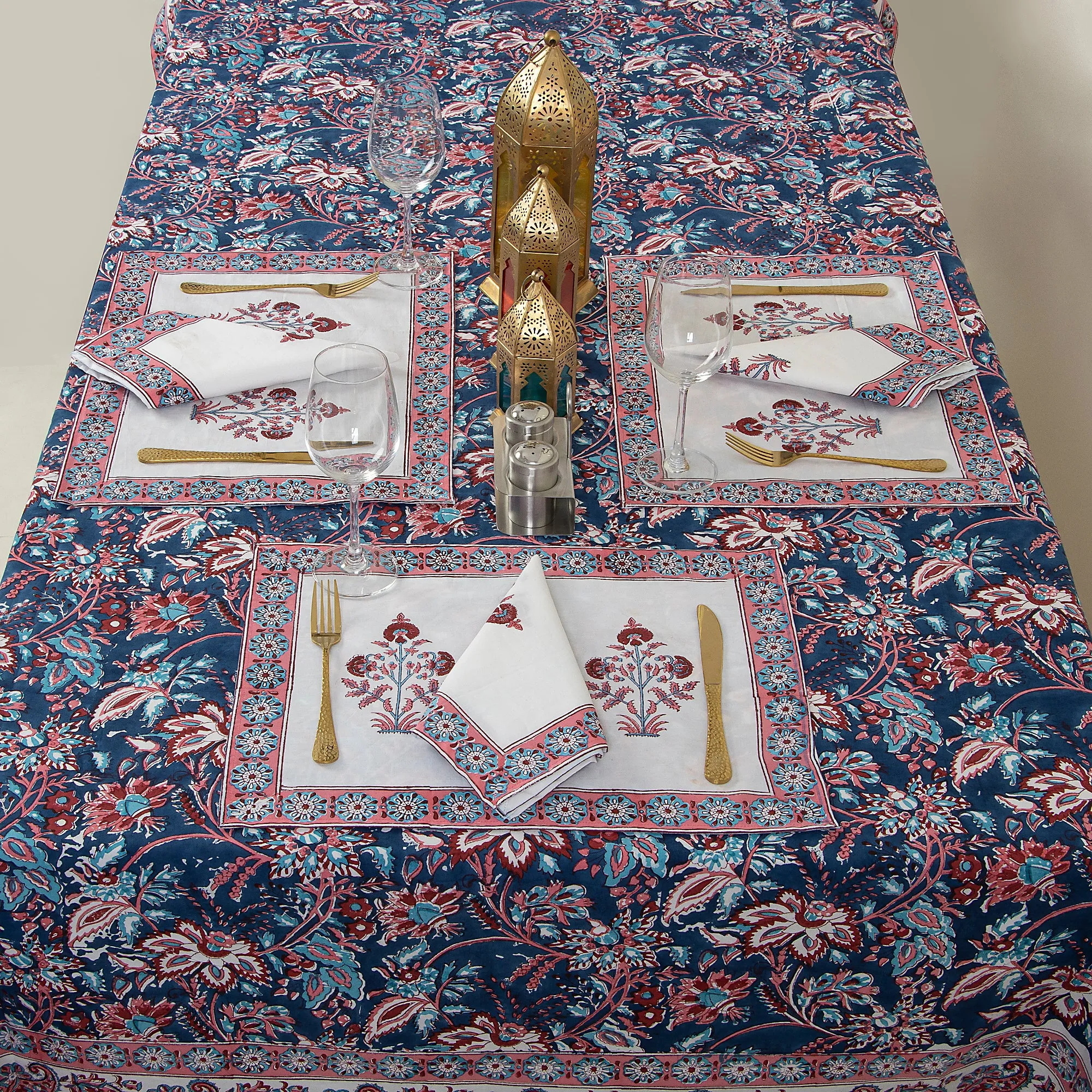 Blue Hand Block Floral Print Pure Cotton Dining Table Cover