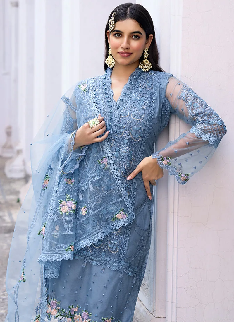 Blue Multi Embroidery Pakistani Pant Style Suit