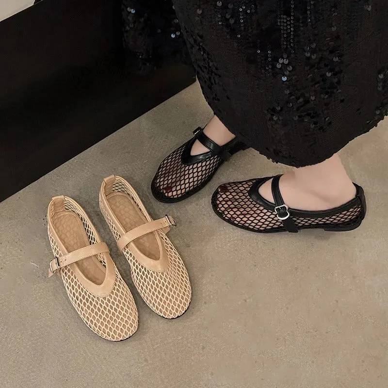 Breathable Mesh Ballet Flats With Cutout Fishnet Design