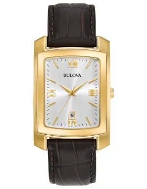 Bulova Mens Classic Watch - Rectangular - Gold-Tone - Leather Strap - Date