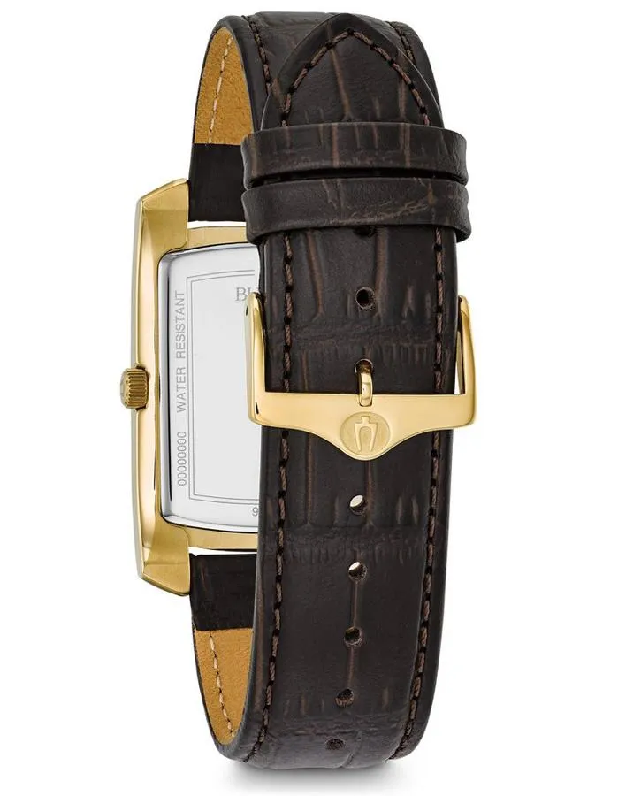 Bulova Mens Classic Watch - Rectangular - Gold-Tone - Leather Strap - Date