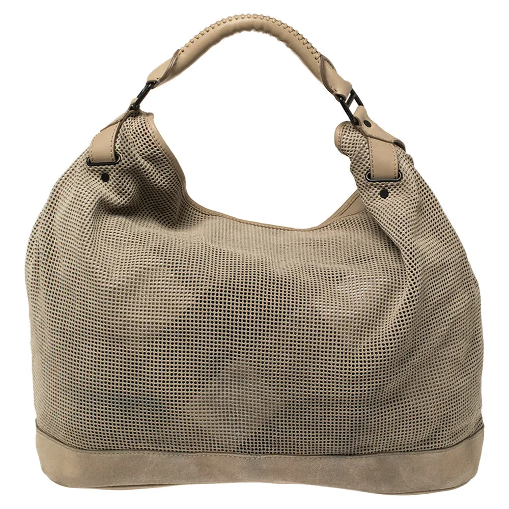 Burberry Beige Perforated Suede and Leather Oversized Hobo