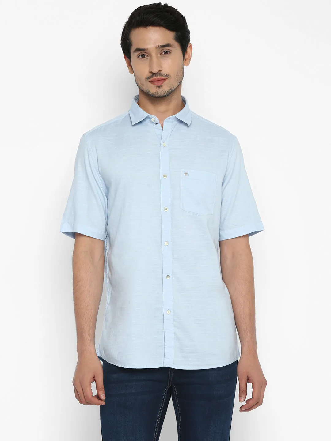 Cotton Sky Blue Slim Fit Self Design Casual Shirt