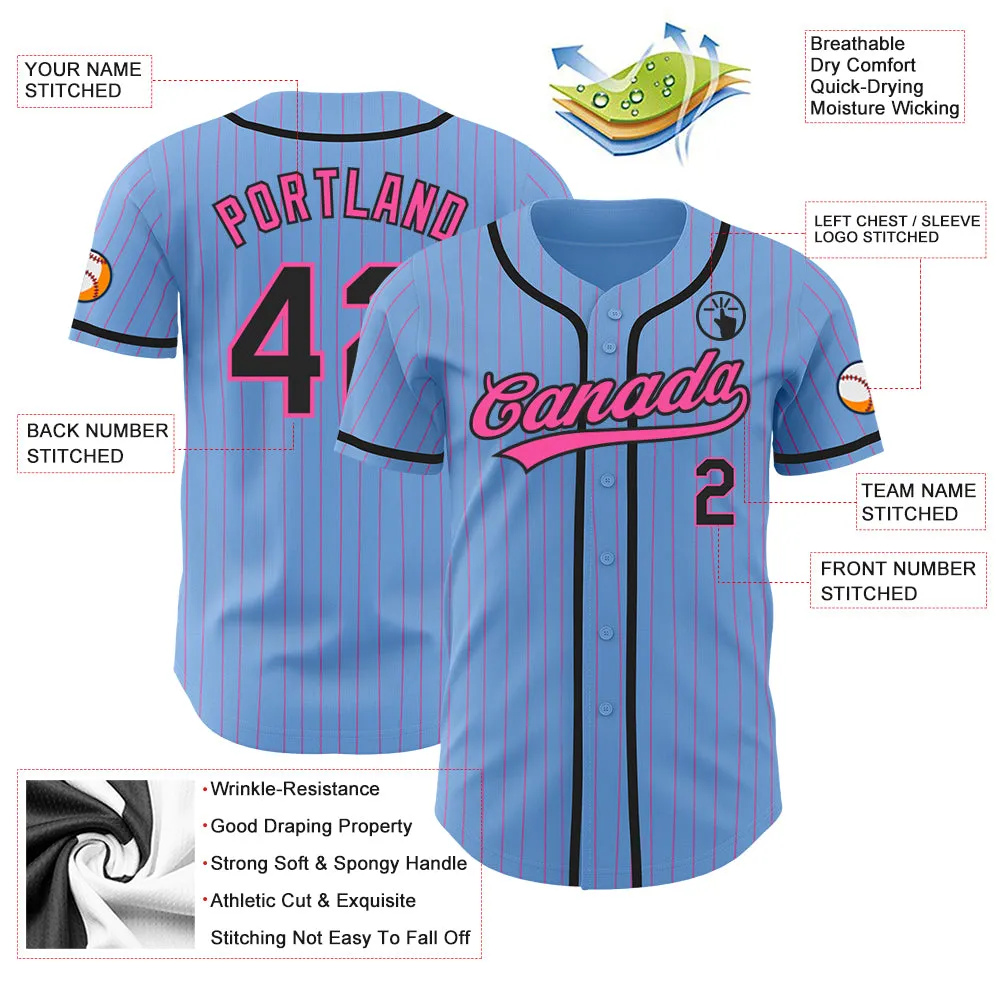 Custom Light Blue Pink Pinstripe Black Authentic Baseball Jersey