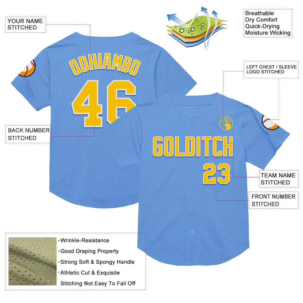 Custom Light Blue Yellow-White Mesh Authentic Throwback Baseball Jersey