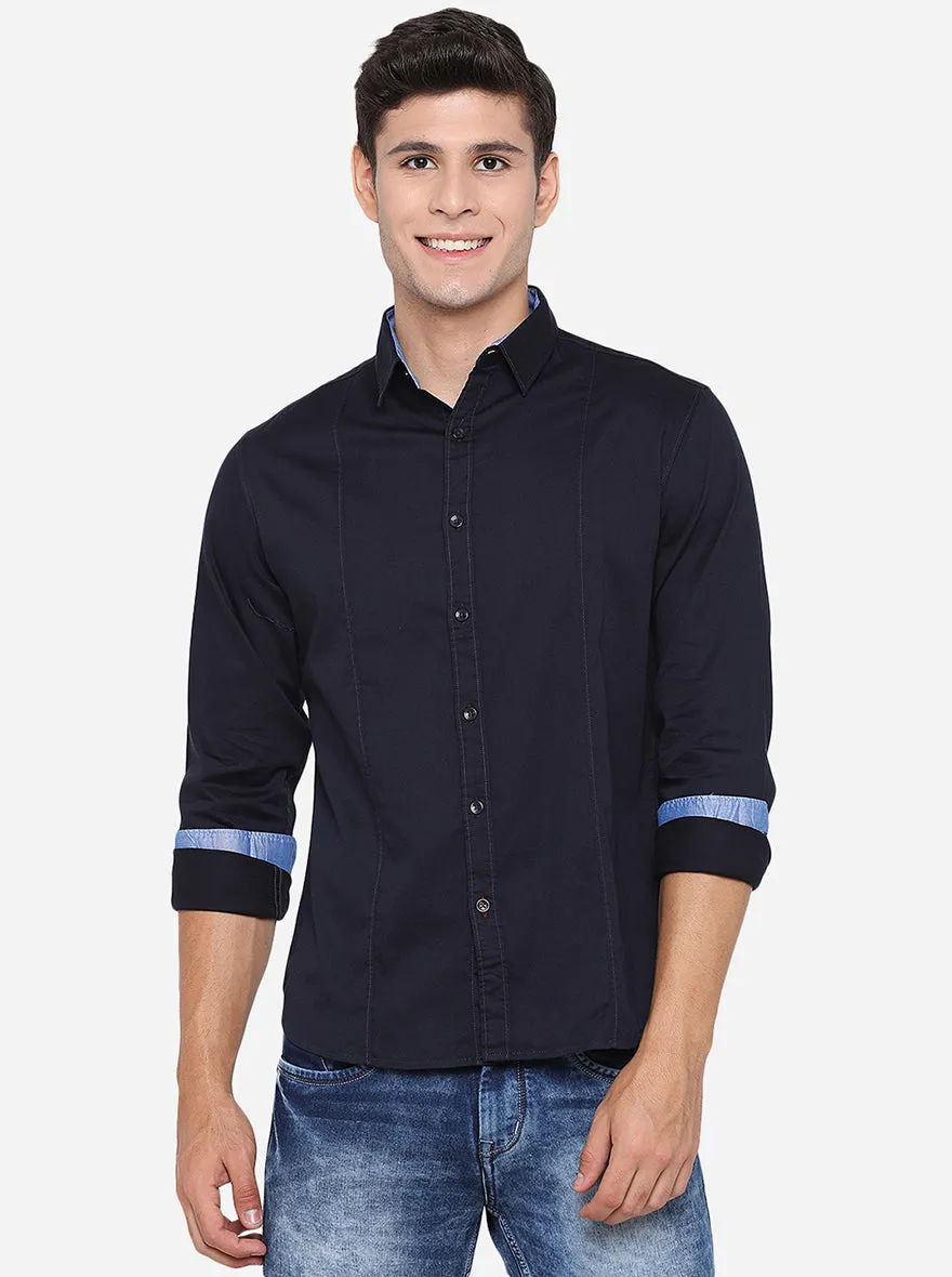 Dark Blue Solid Slim Fit Semi Casual Shirt | Greenfibre