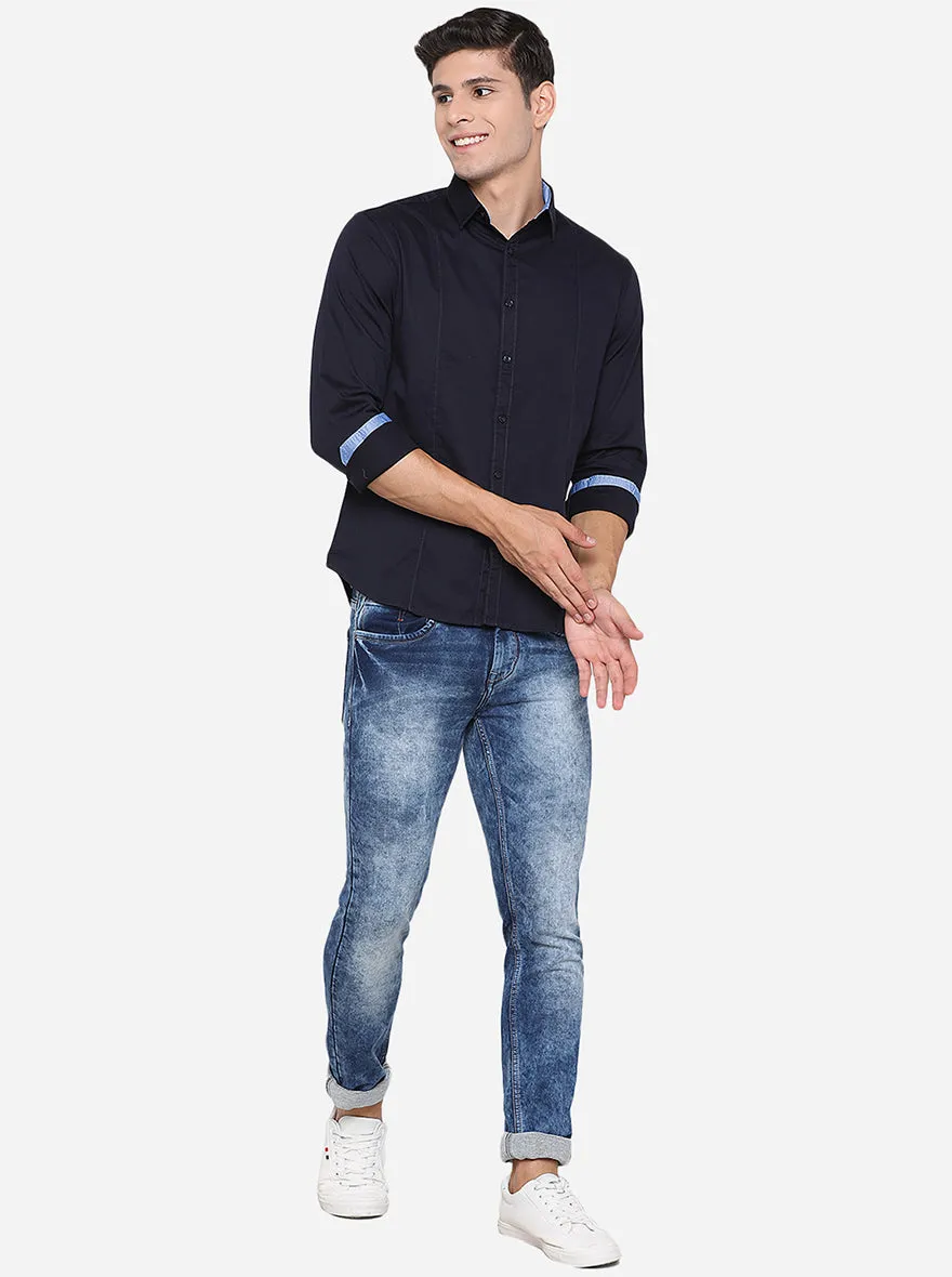 Dark Blue Solid Slim Fit Semi Casual Shirt | Greenfibre