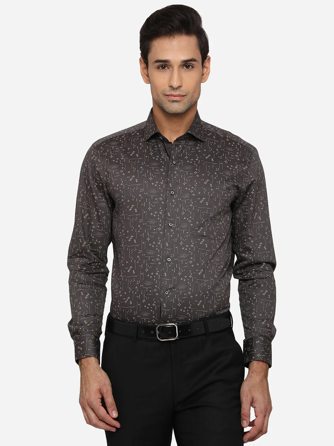 Dark Brown Printed Slim Fit Party Wear Shirt | Greenfibre