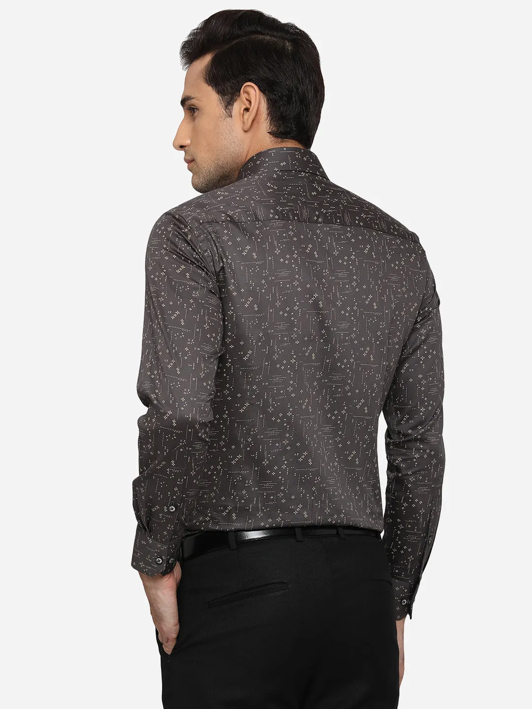 Dark Brown Printed Slim Fit Party Wear Shirt | Greenfibre