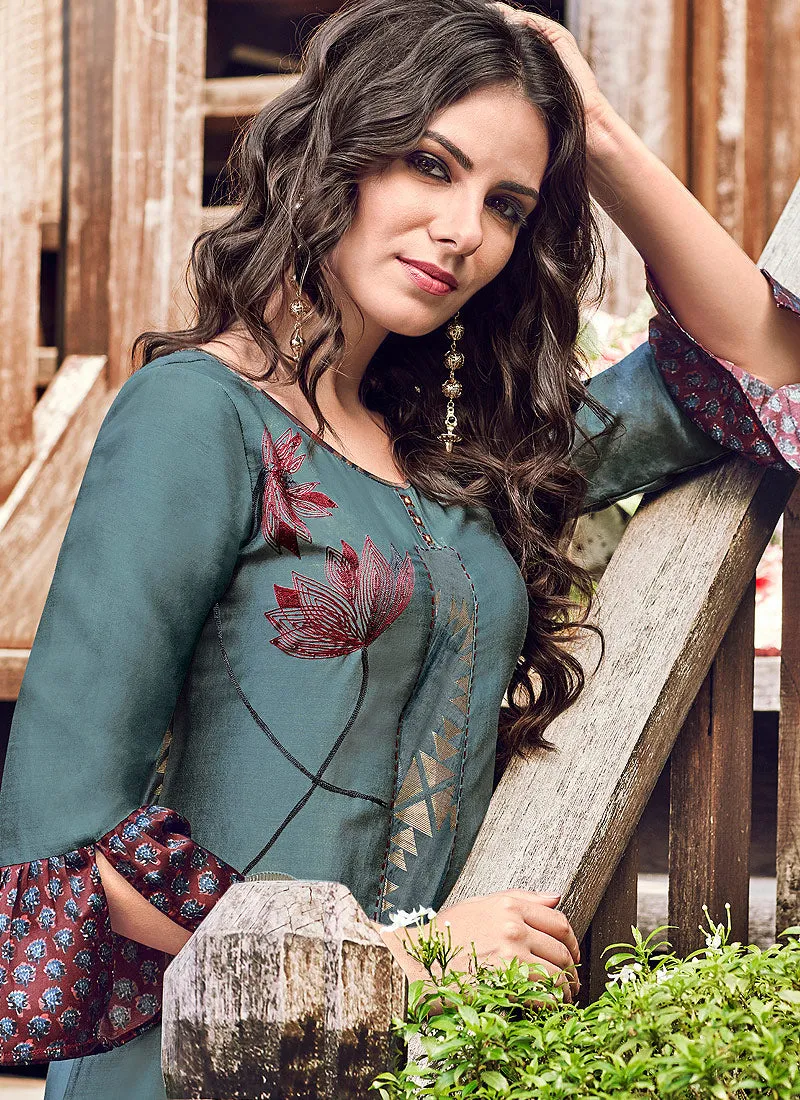 Deep Teal Printed And Embroidered Kurti