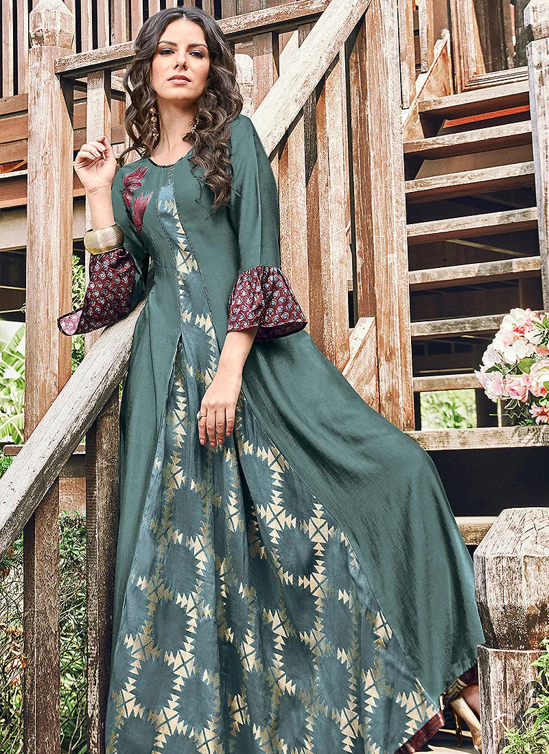 Deep Teal Printed And Embroidered Kurti