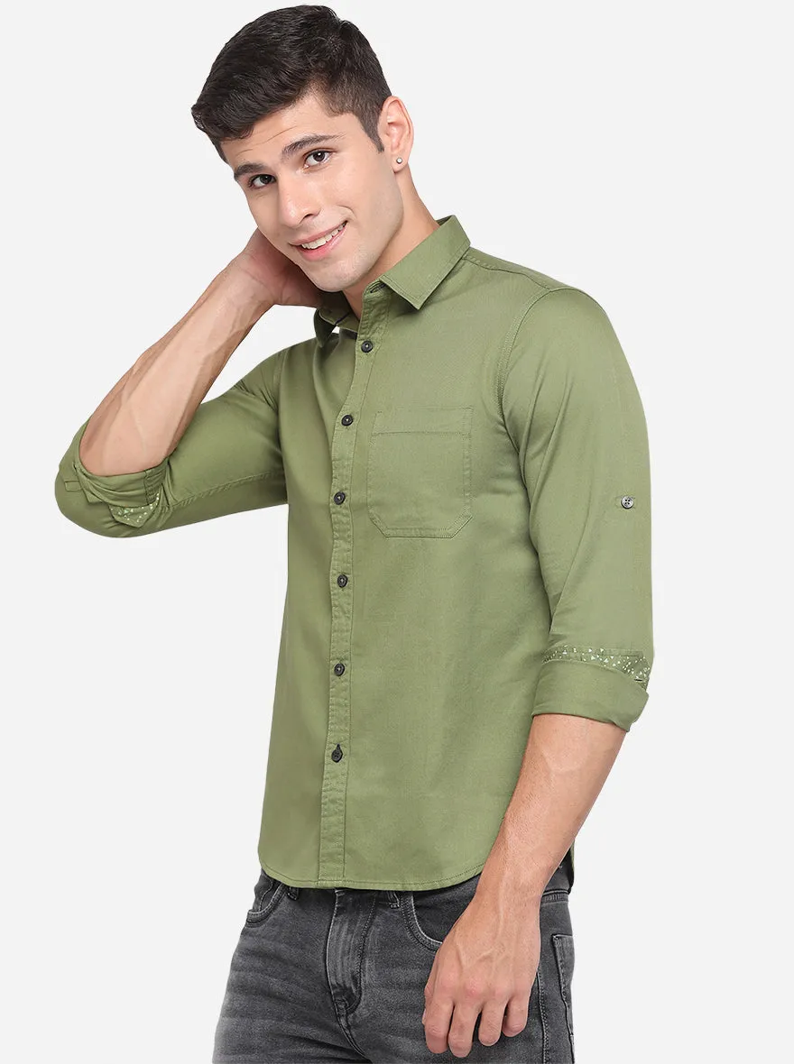 Dill Green Solid Slim Fit Semi Casual Shirt | Greenfibre