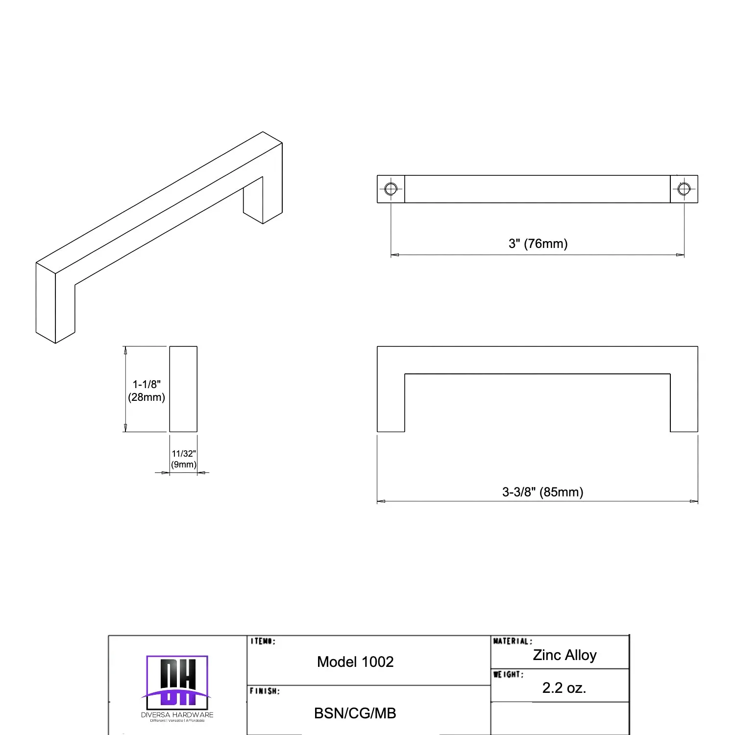 Diversa Matte Black 3" (76mm) Square Edge Solid Cabinet Bar Pull - 10 PACK