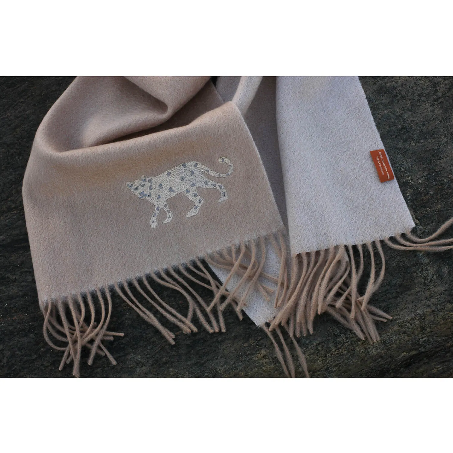 Double Face Scarf With Leopard Embroidery - Camel Beige