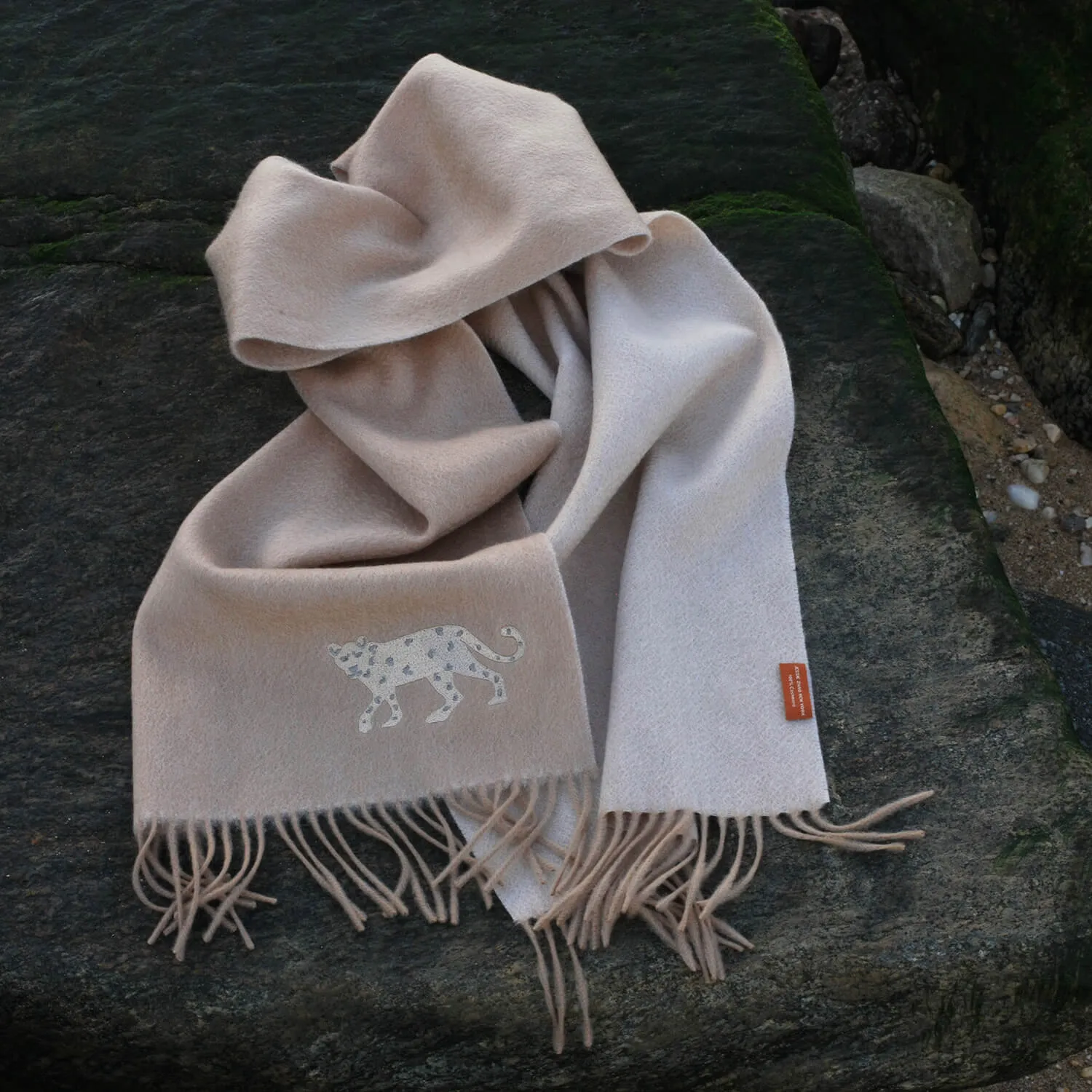 Double Face Scarf With Leopard Embroidery - Camel Beige