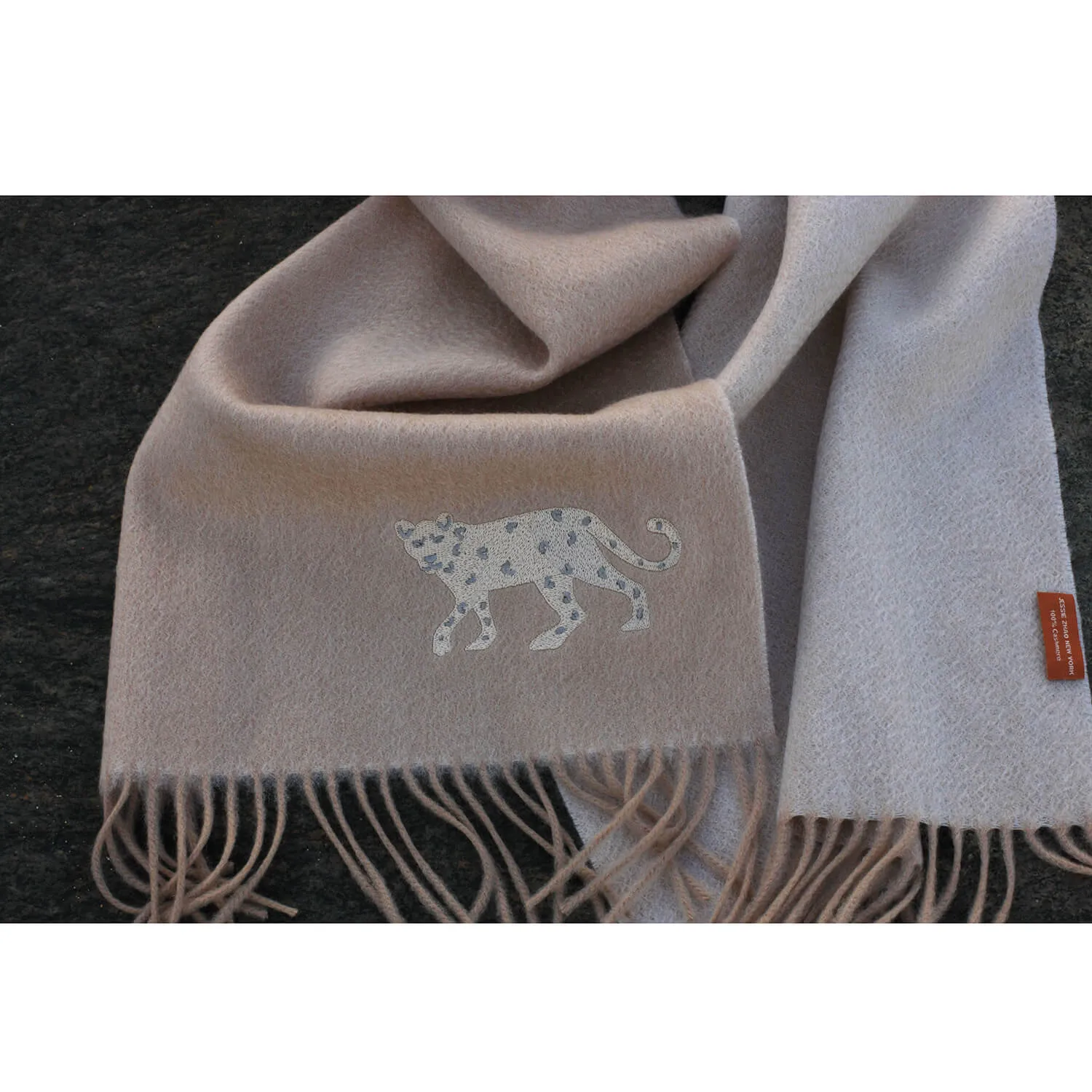 Double Face Scarf With Leopard Embroidery - Camel Beige