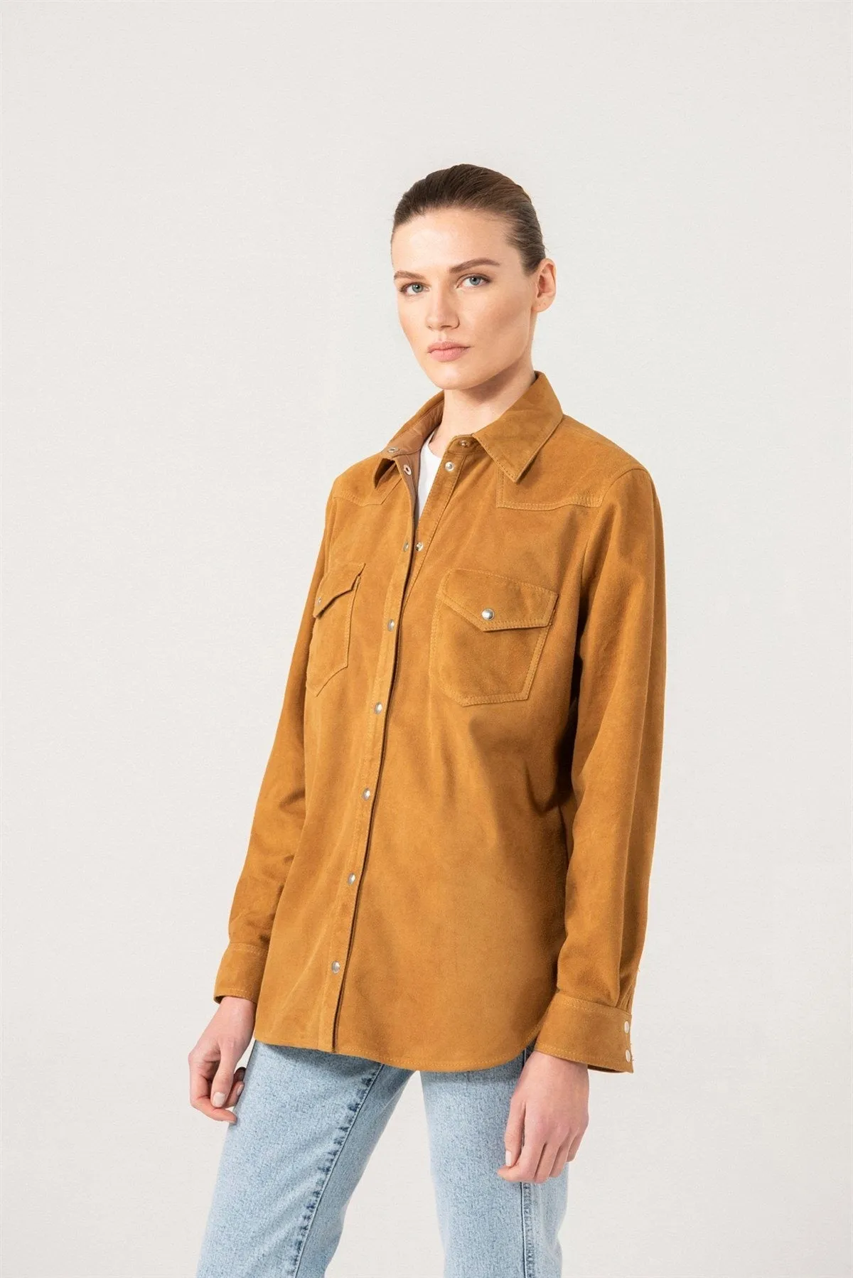 Elegant Women's Camel Suede Shirt Jacket