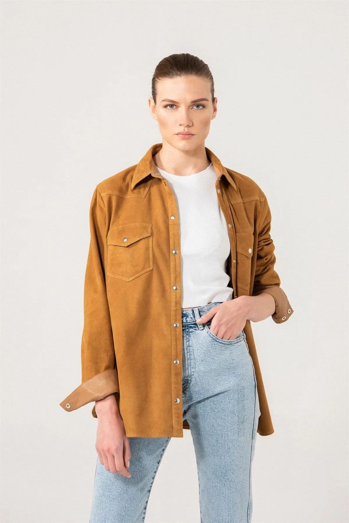 Elegant Women's Camel Suede Shirt Jacket