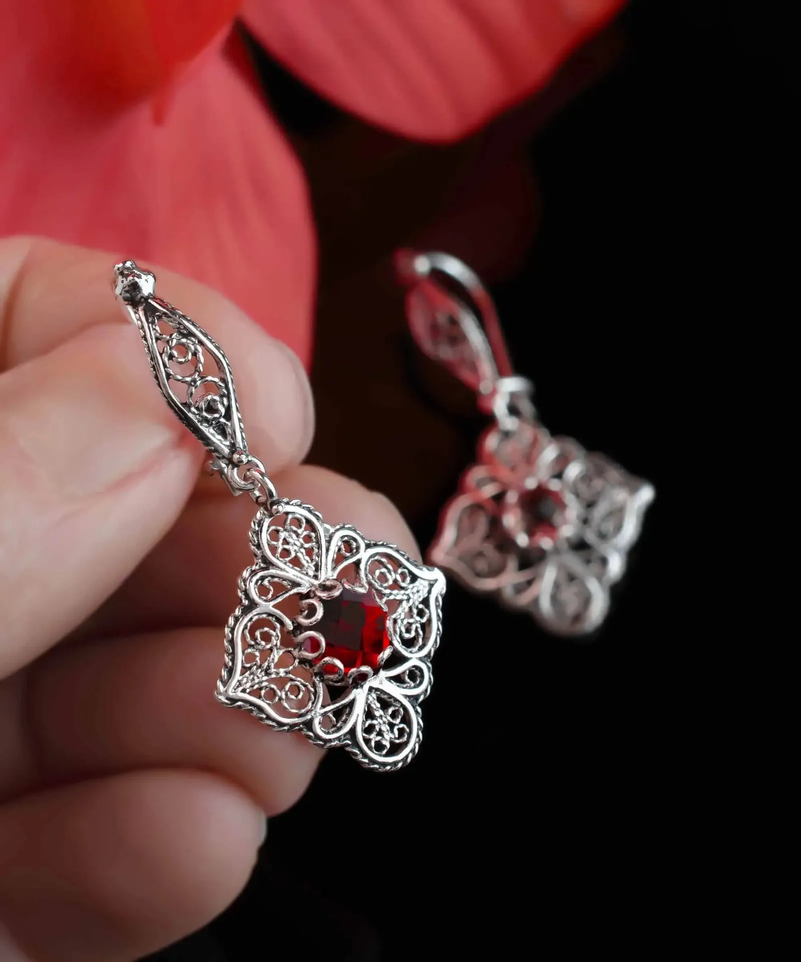 Exquisite 925 Sterling Silver Ruby Gemstone Filigree Dangle Earrings - A Handcrafted Masterpiece