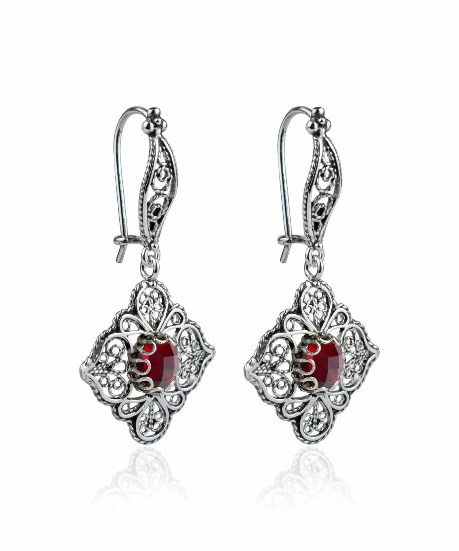 Exquisite 925 Sterling Silver Ruby Gemstone Filigree Dangle Earrings - A Handcrafted Masterpiece