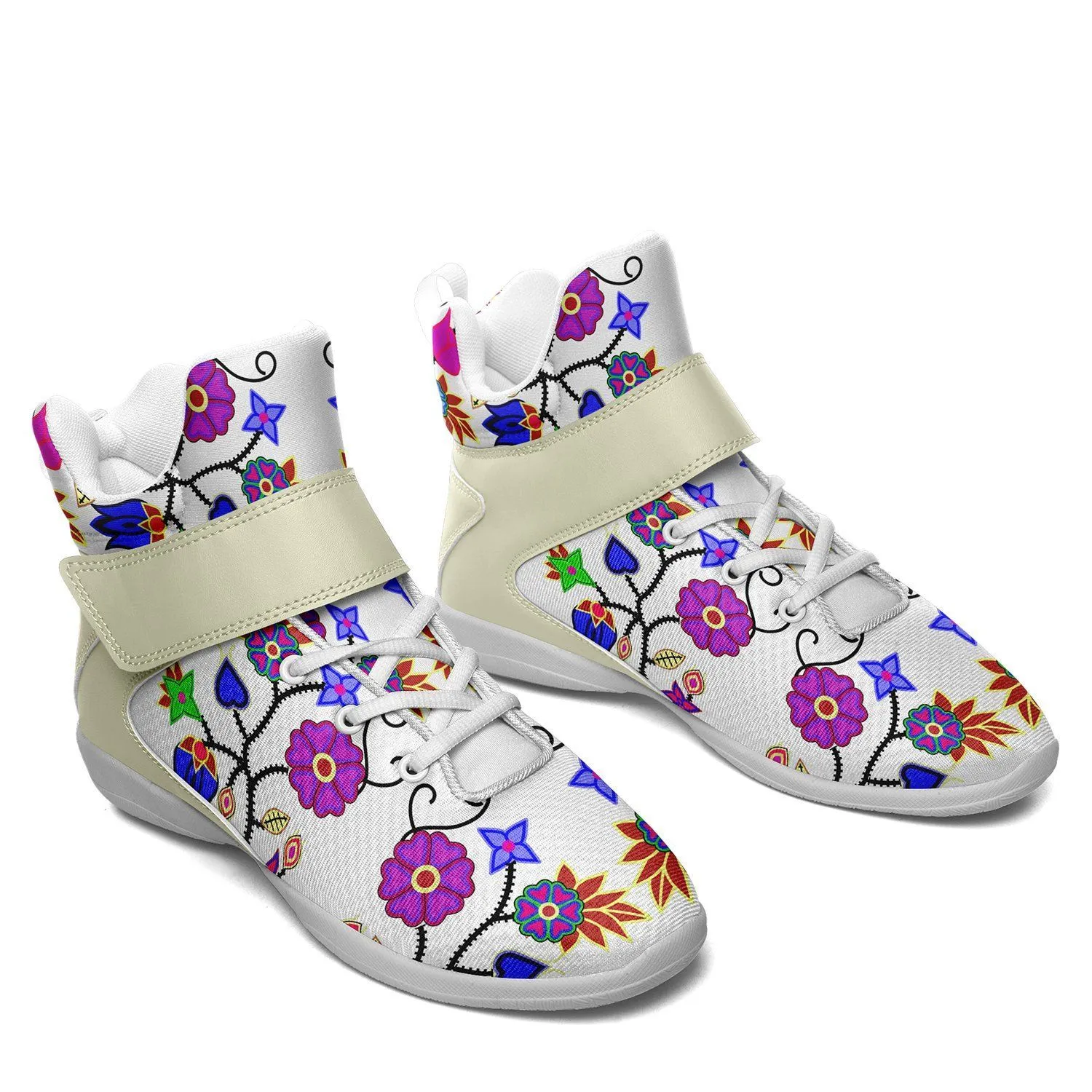 Floral Beadwork Seven Clans White Kid's Ipottaa Basketball / Sport High Top Shoes