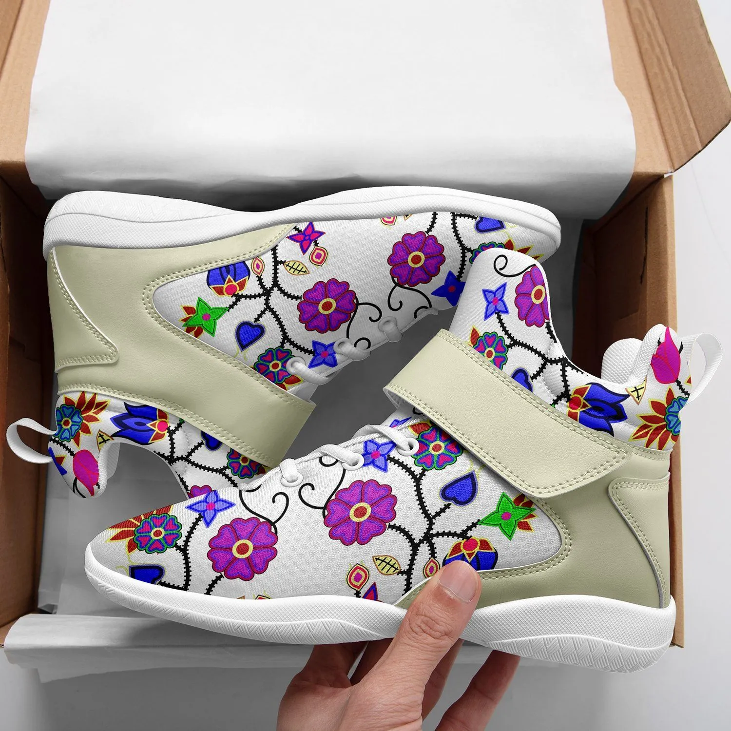 Floral Beadwork Seven Clans White Kid's Ipottaa Basketball / Sport High Top Shoes