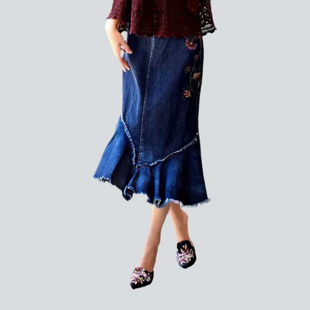 Flower embroidery denim skirt
 for women