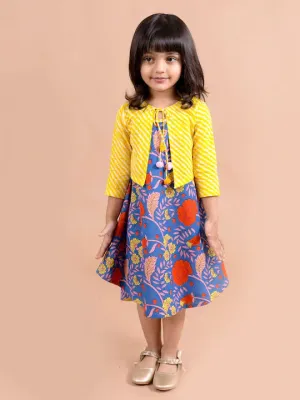 Girls Blue Floral Pure Cotton A-Line Dress With Shrug - Ps Peaches