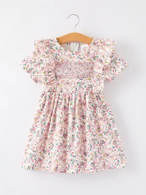 Girls Smocking Embroidered Pink Floral Dress