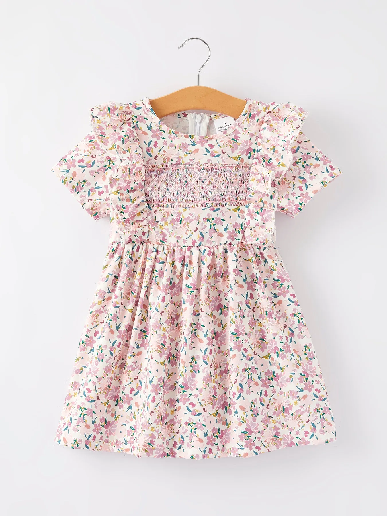 Girls Smocking Embroidered Pink Floral Dress