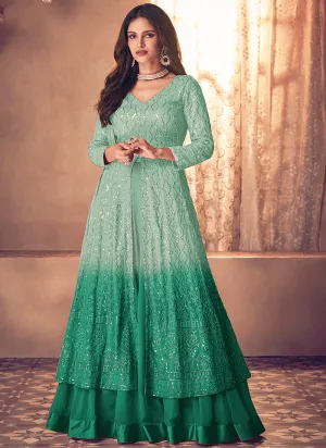 Green Shaded Traditional Sequence Embroidered Wedding Anarkali Lehenga Style Suit